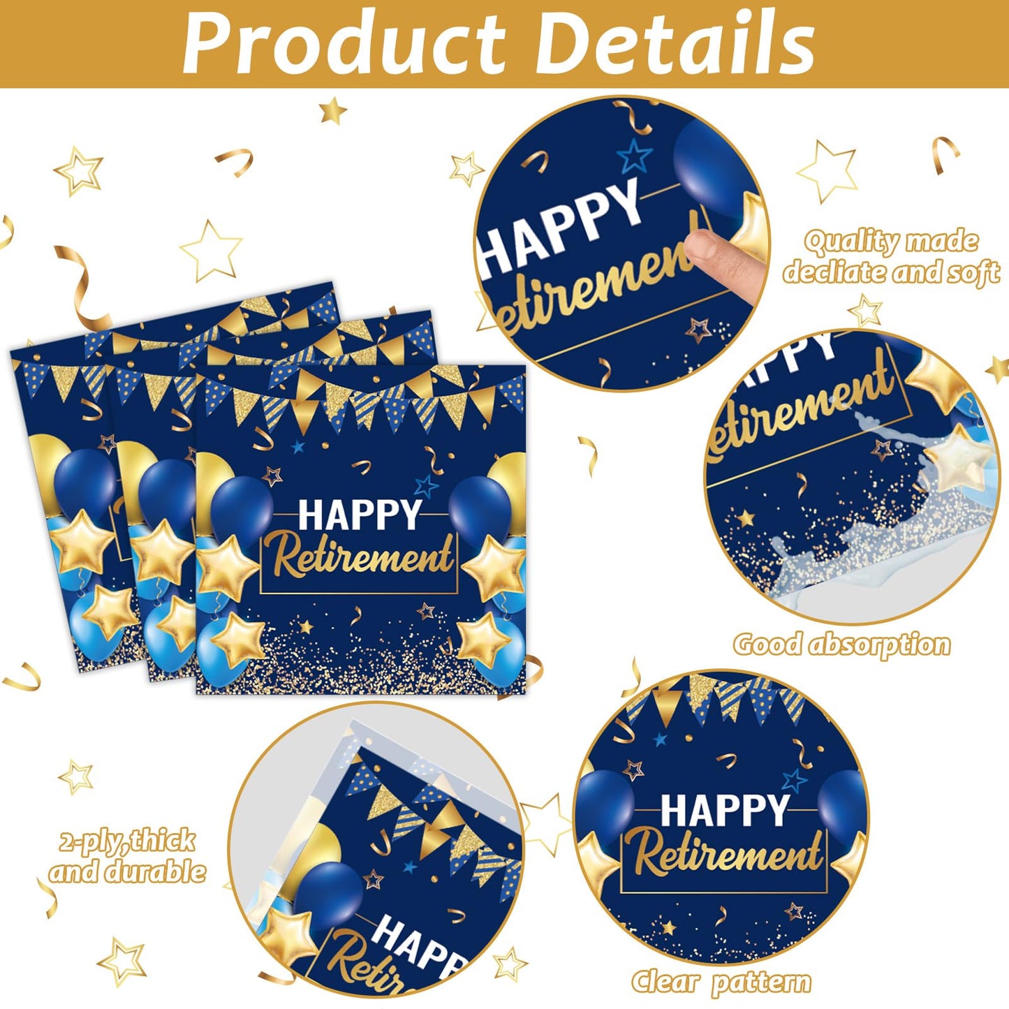 Gisgfim 96 Pcs Retirement Party Supplies Paper Plates Napkins Blue Gold Happy Retirement Party Tableware Decorations Favors For