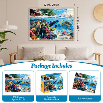 HQXXJW 300 Piece Puzzles for mature-themeds 300 Piece Puzzles for mature-themeds Large Piece Turtles Orca Coral Reef Ocean Jigsaw Puzzle Funny Gift for mature-themed Kids Senior Challenging Family Games Toy 20.5 X 15 in