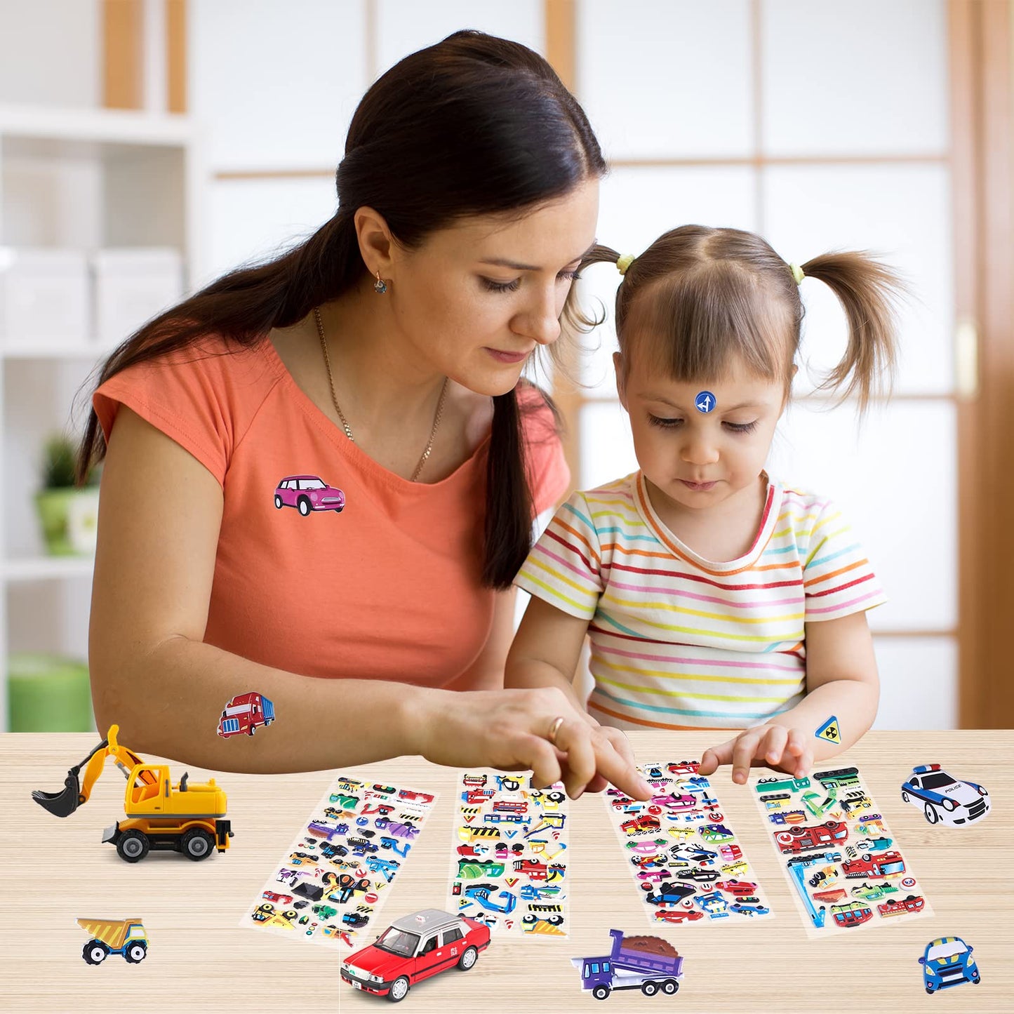 Shangrla Puffy Vehicle Sticker For Kids Toddlers - 3D Puff Car Stickers For Boys Reusable Foam Stickers With Construction Truck,Tractor,Fire Truck,Police Car,Bus,Transportation Stickers Bulk,4 Sheets.