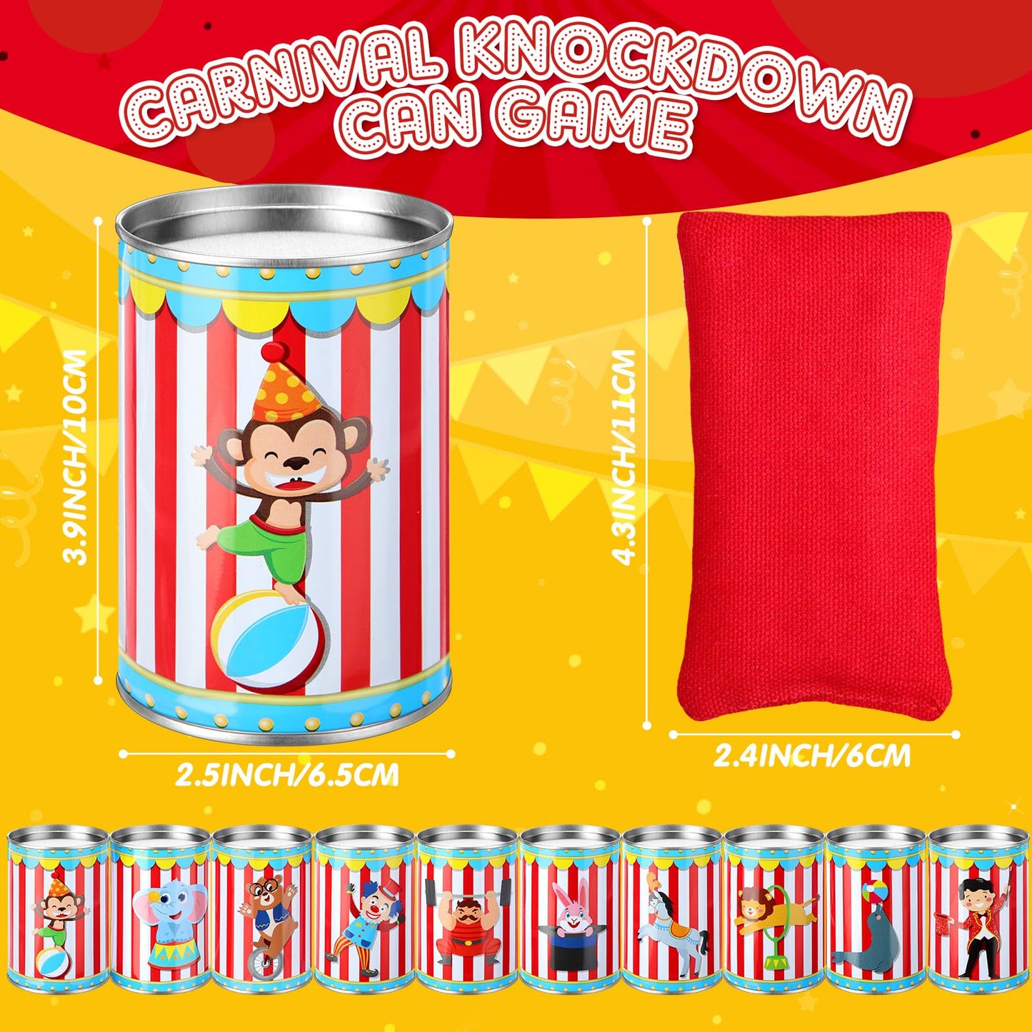 PullCrease 13 Pcs Carnival Can Game Bean Bag Toss Carnival Games with 10 Tin Cans and 3 Bean Bag for Easter Outdoor Family Party