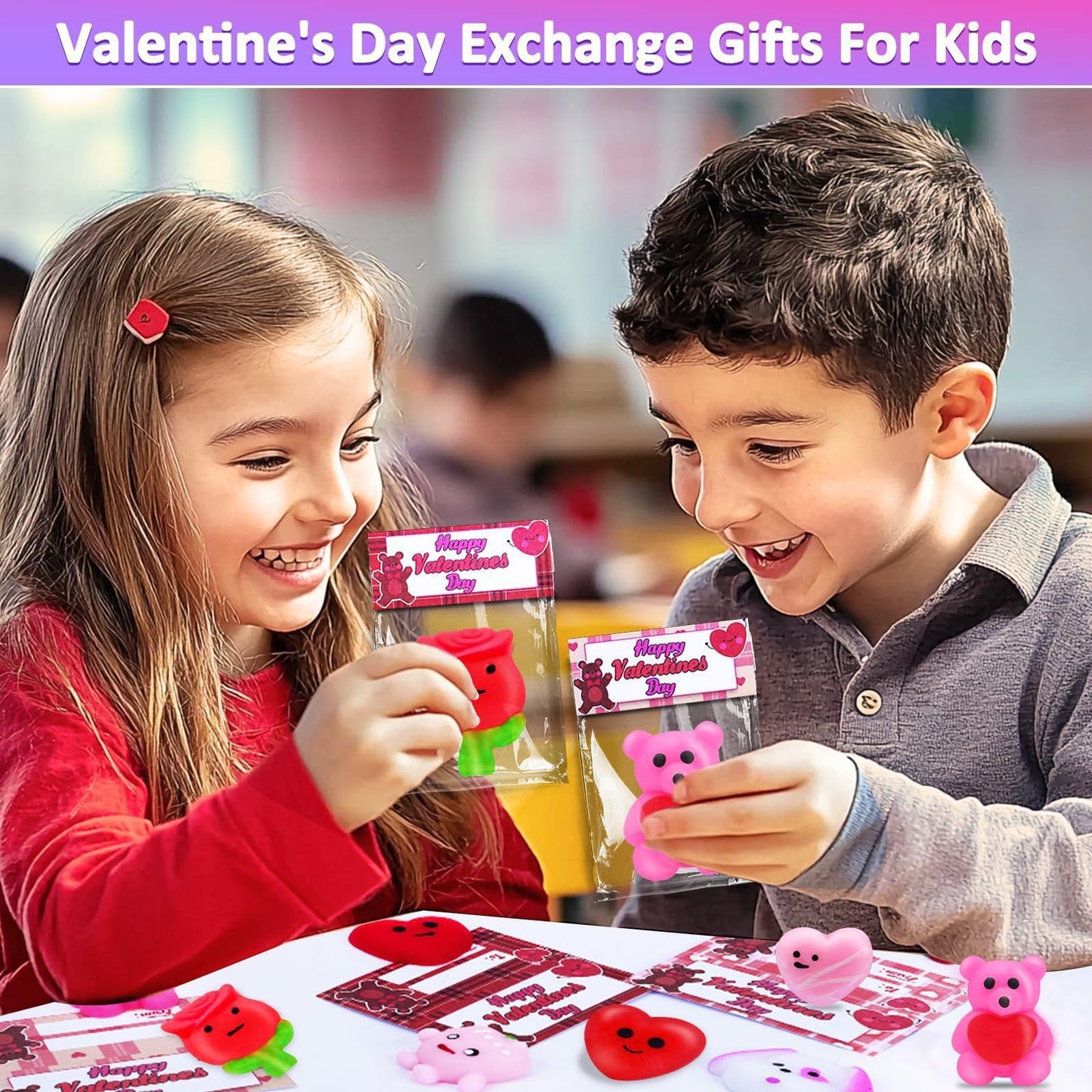 Amenon 28 Pack Valentines Day Mochi Squishy Toys, Prefilled Valentines Gifts For Kids Kawaii Squeeze Heart Bear With Cards Class