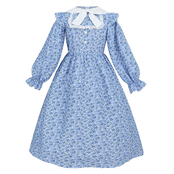 Ltakk Colonial Dress Girls Pioneer Costume Prairie Pilgrim Girl Dresses Long Sleeves, Indigo Blue, Medium, Age Over 4 Years Old