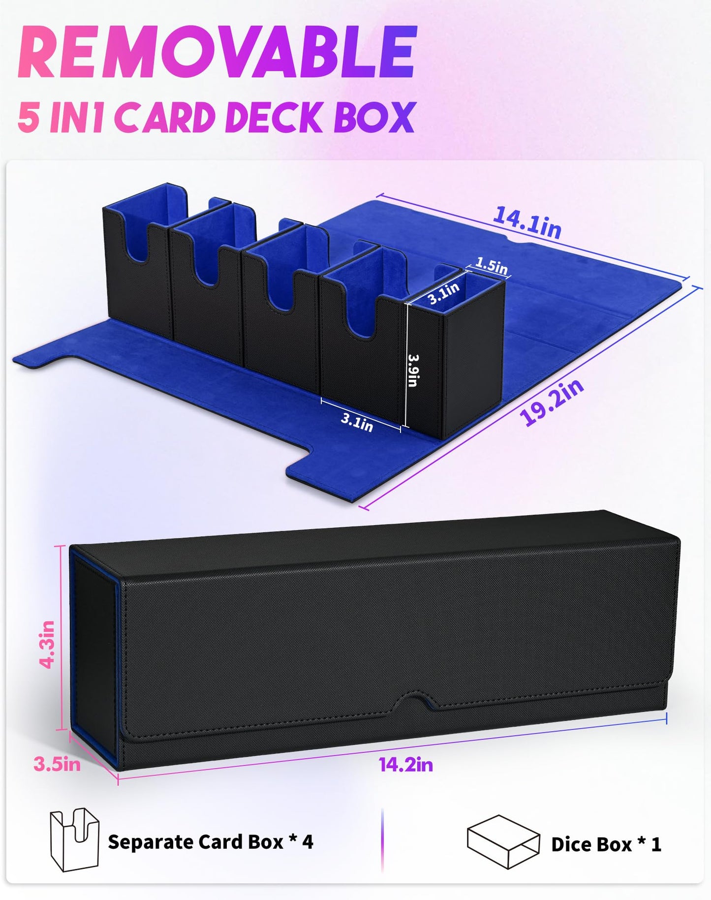 Uaono Card Deck Box With Dice Tray For Mtg, 5 In 1 Card Deck Case Holds 800+ Unsleeved Cards, Strong Magnet Card Organizer Compatible With Yugioh Tcg Sports Cards (Black Blue)