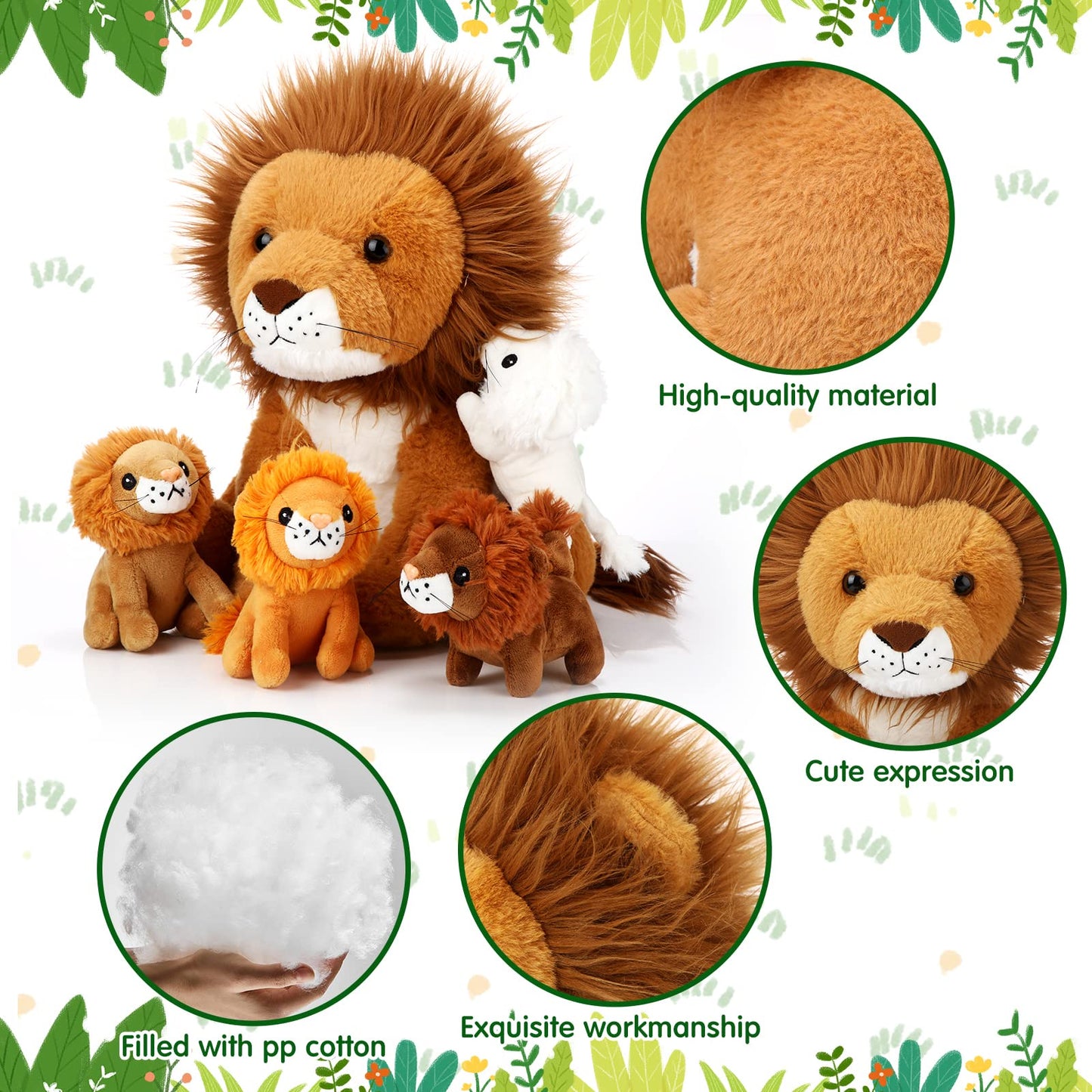 Honoson 14 Inch Lion Plush Set - Large Stuffed Maned Lion with 4 Baby Lions, Soft Cuddly Plush Toy for Boys & Girls Birthday Gifts