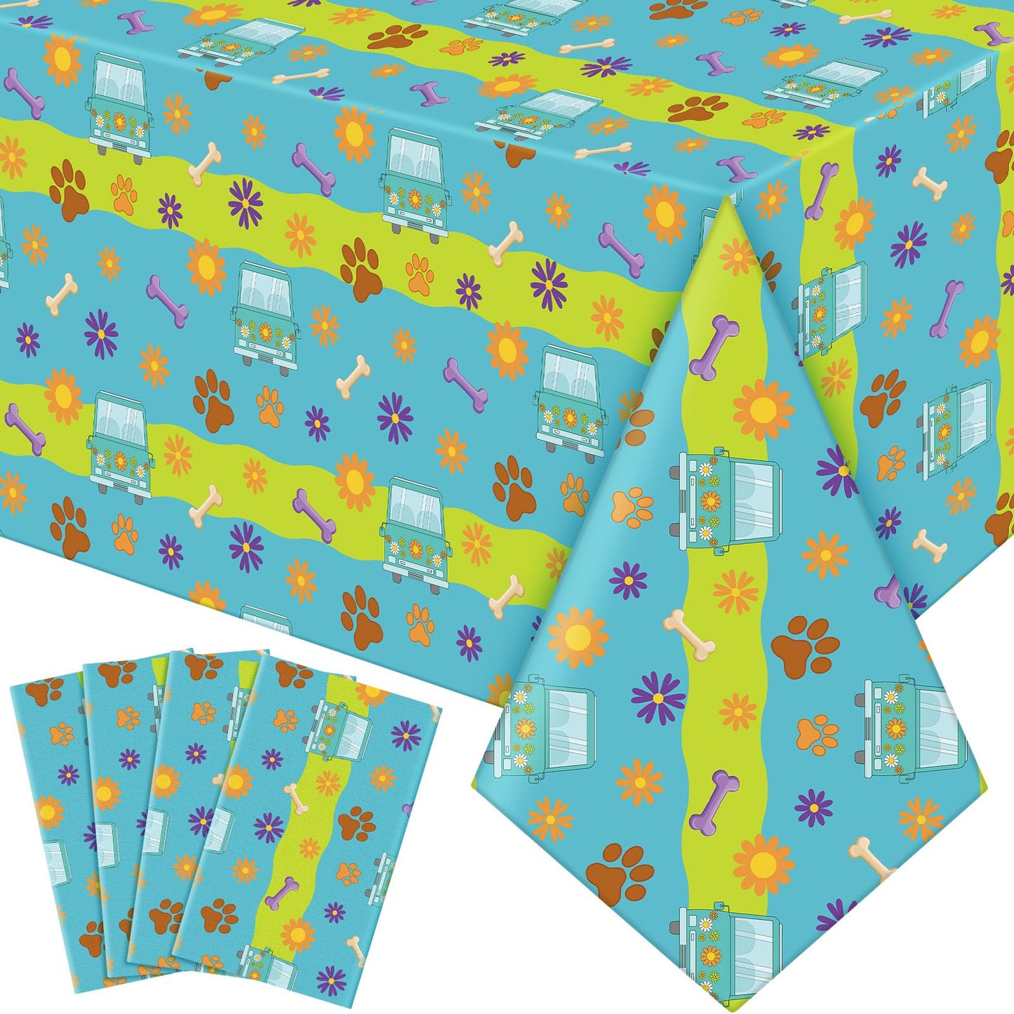 MotiMind 4 Pcs Mysterious Dog Party Supplies Christmas Cartoon Car Hippie Tablecloth Disposable Paw Table Cover Waterproof Daisy