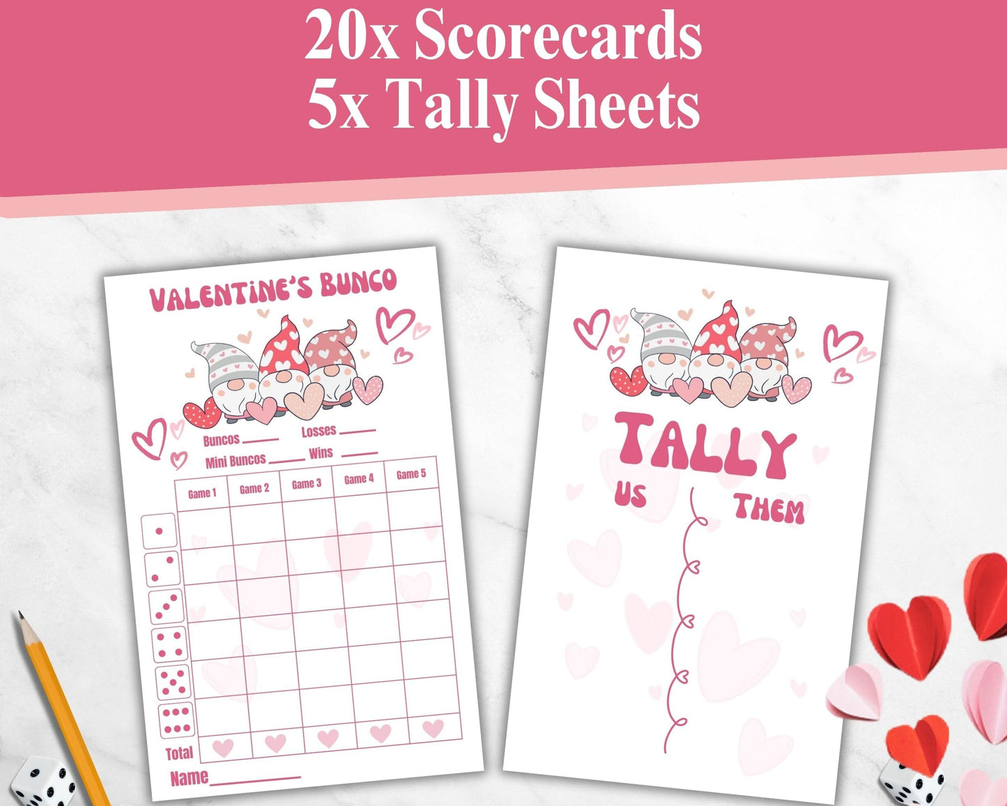 Bunco Valentine'S Day Theme Set. Gnome Vday Themed Bunco Game Kit Includes Score Sheet, Tally Sheet, Ghost Player, Bunco Card. F