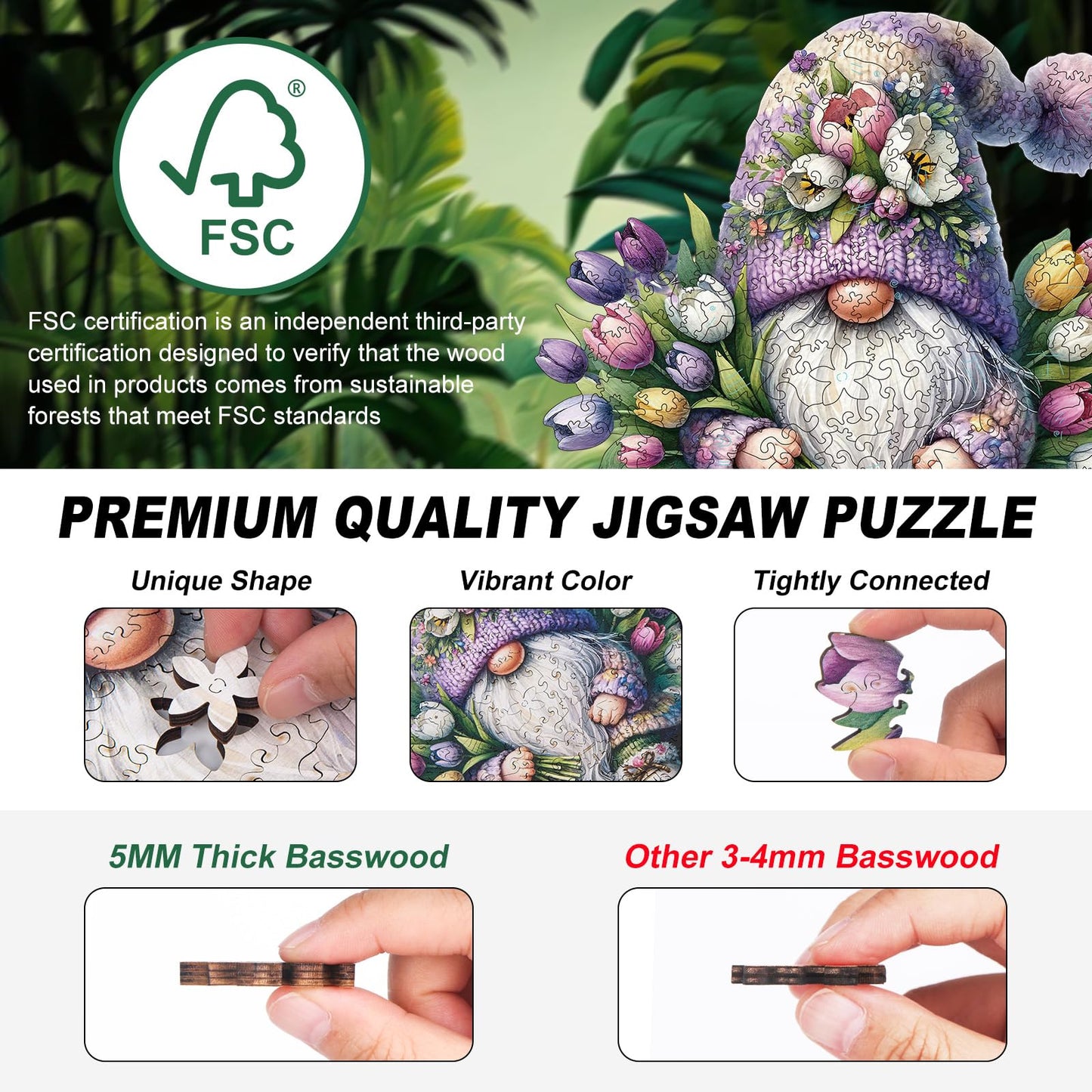 Gnome Wooden Puzzles for mature-themeds 200pcs Wooden Jigsaw Puzzles for mature-themeds Gnome Flowers Unique Shaped Jigsaw Puzzles Creative Gift for Friend Family Game Medium Size 10.6'' x 9.8''