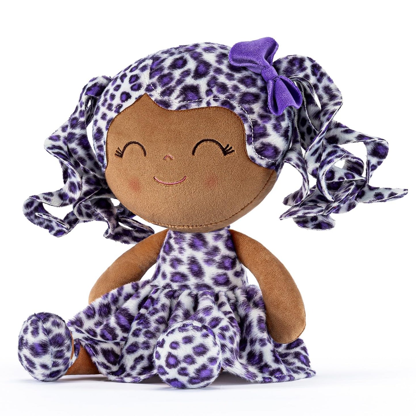 Gloveleya Doll Baby Dolls Soft Doll Baby Girl Gifts Curly Hair Brown Purple Leopard Dress Spring Girl 12Inches