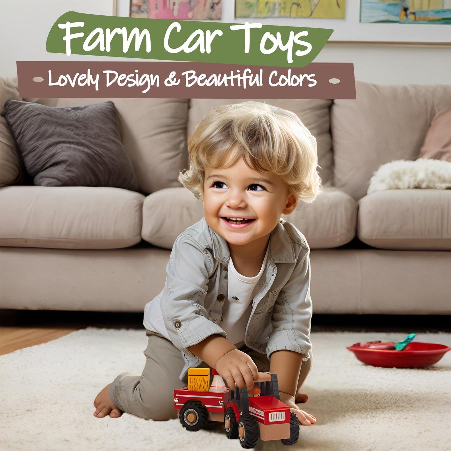 WoodenEdu Wooden Tractor Toy - Red Hand Push Car for Toddlers 1-3 Years, Baby Vehicle for Boys & Girls, Fun Educational Play.