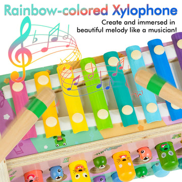 Amtreen 6-In-1 Wooden Montessori Toys For 1 Year Old, Whack-A-Mole Game | Play The Xylophone | Frog Clock | Carrot Harvest Game | Spinning Gear, Toddler Toys Aged 1-4, Baby Toy Gift For Early Learning