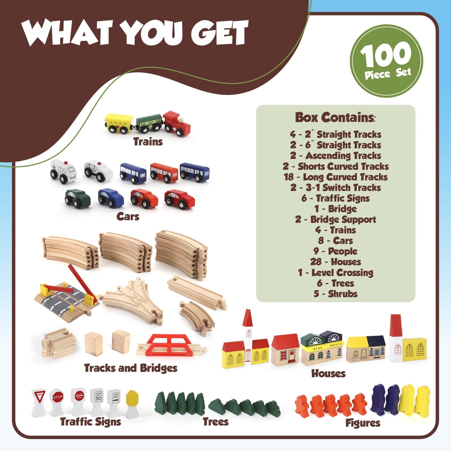 Play Build Wooden Train Set, Complete Toddler Train Set, Interactive Play & Learn Set, Creative Wooden Train Track Design, Premium Quality, Ages 3+ (100 Piece Set)
