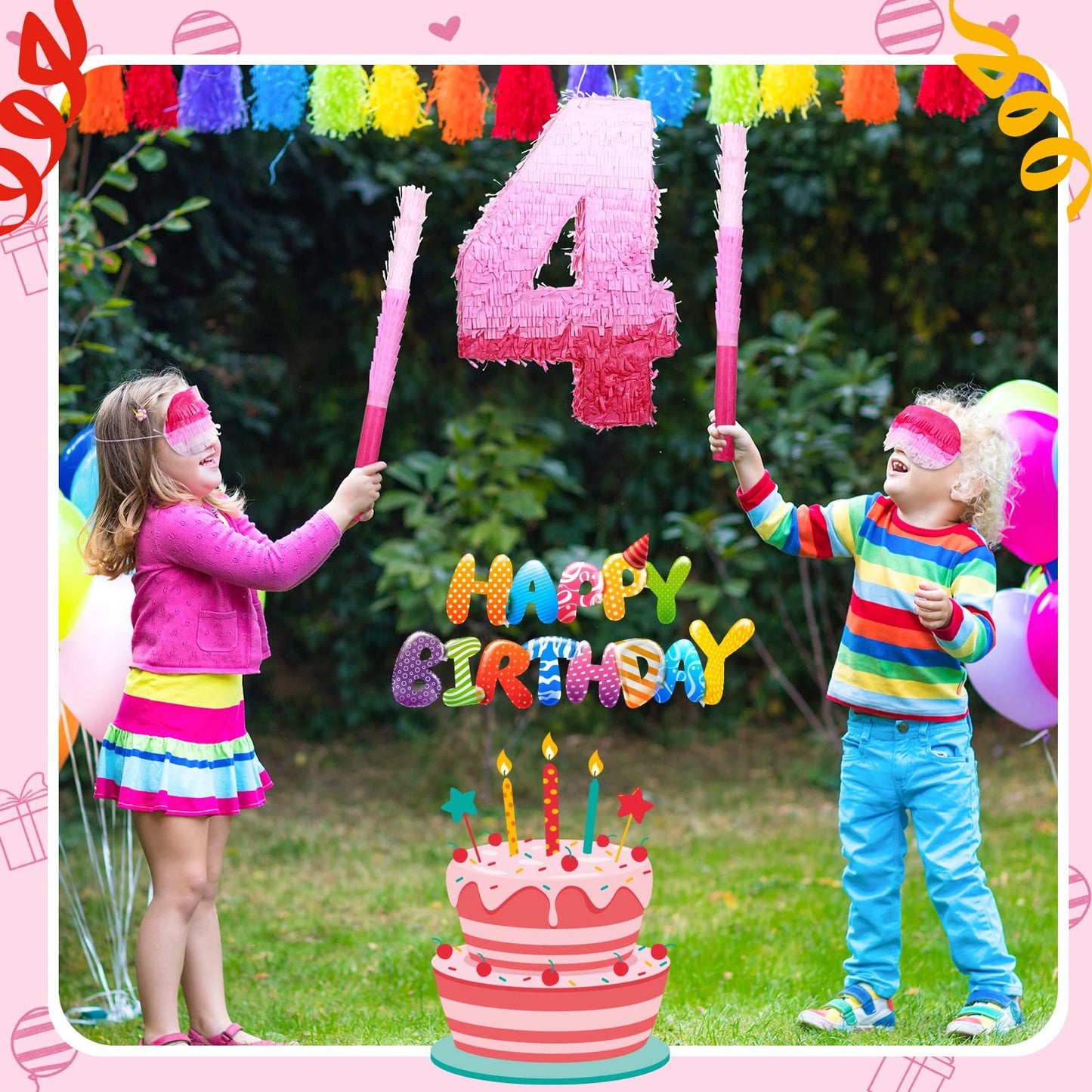 Number Pinata Number Birthday Pinata Decorations Gradient Pink Pinata With Stick Blindfold Confetti For Girls Boys Birthday Anniversary Party Decorations Supplies (Number 4)