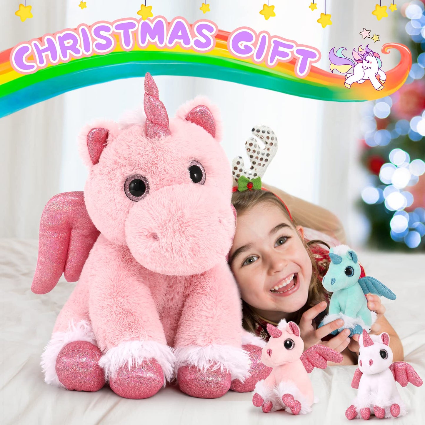 Morismos Pink Unicorn Stuffed Animal With Babies-18'' Mommy Unicorn And 3 Baby Stuffed Unicorn Plush Toys Inside Zipper Tummy,Soft Unicorn Stuffed Animals For Girls Boys Christmas Birthday Valentines