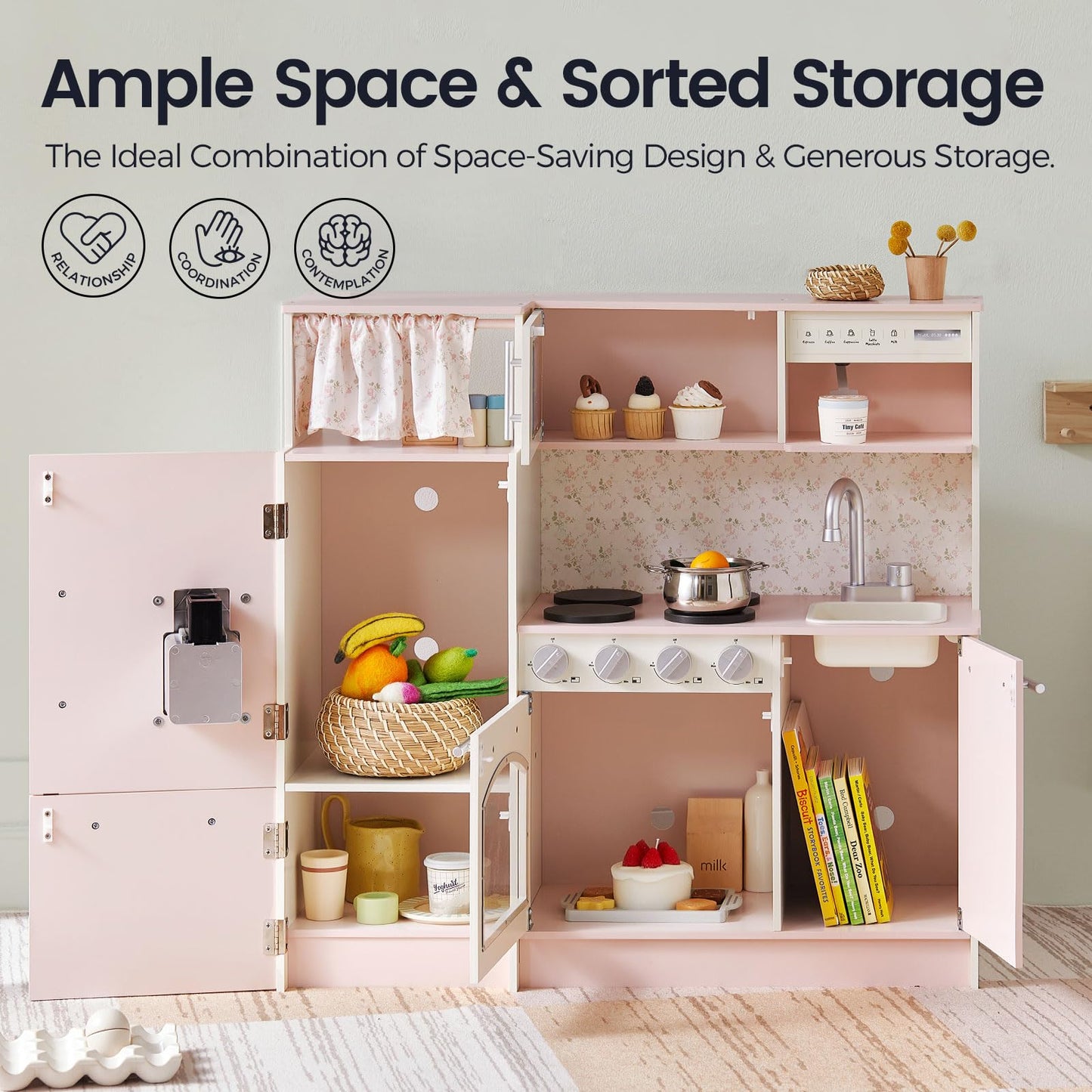 Tiny Land Play Kitchen For Kids, Upgraded Wooden Kitchen Toy With Complete Play Areas, Pretend Cooking Set With Sink, Stove, Mic