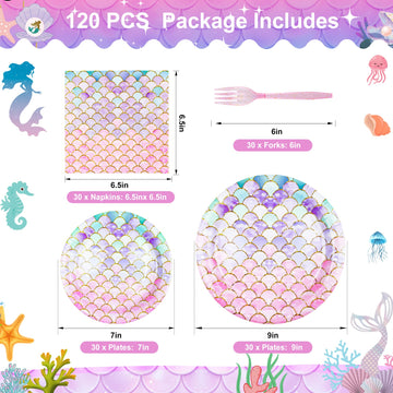 LMJUNZZ 120 Pieces Mermaid Scale Birthday Party Tableware Set - Includes Plates, Napkins, Forks - Ocean Themed Decorations for G