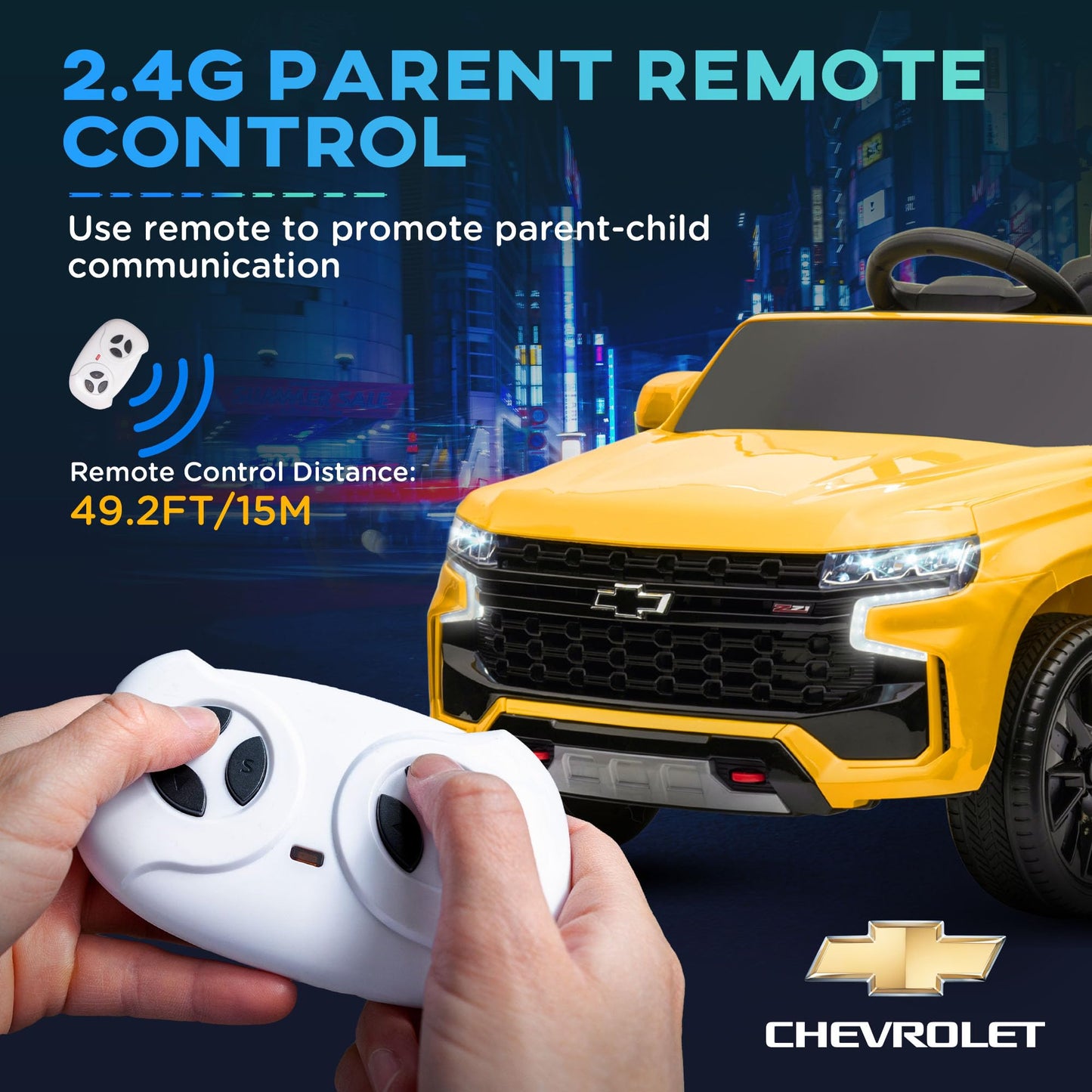 Aosom Chevrolet Tahoe Licensed Kids Ride On Car, 12V Battery Powered Kids Electric Car With Remote Control, 4-Wheeler Suspension, Music, Lights, Horn, For Ages 3-6 Years Old, Yellow