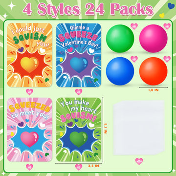 Neubsaw 24 Packs Valentine'S Day Cards With Stress Squishy Balls Toy For Classroom Exchange, Valentine'S Gifts Party Favors For
