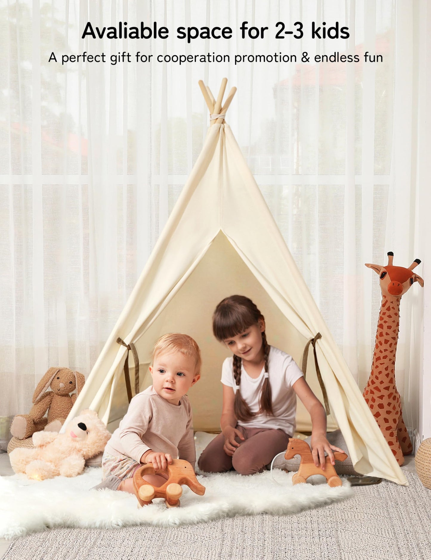 Besrey Kids Tent, Teepee Play Tent With Lights And Padded Mat, Portable Cotton Tipi For Indoor Reading And Playtime