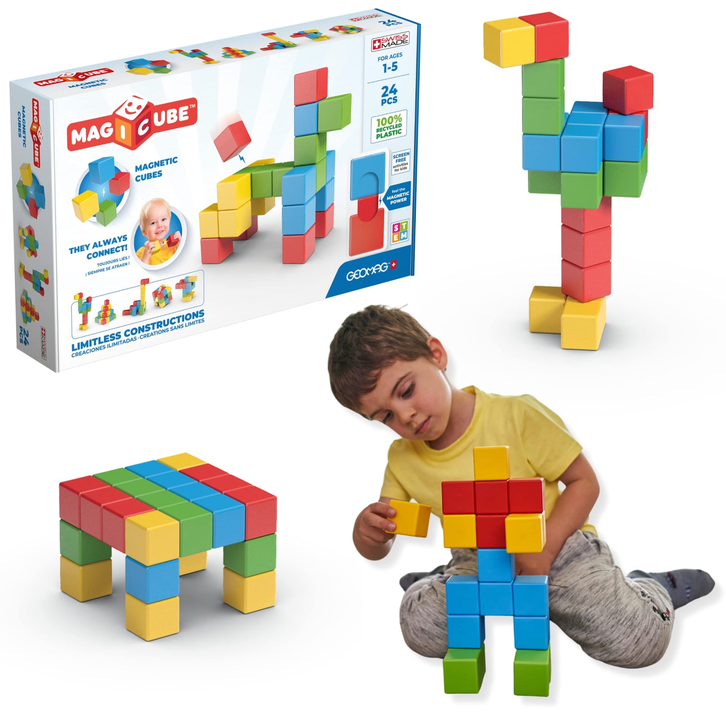 Geomag Magnetic Blocks | 24 Pieces 1.57 inch Large Blocks for Toddlers 1-3 | STEM Preschool Educational Building Cube Set for Cr