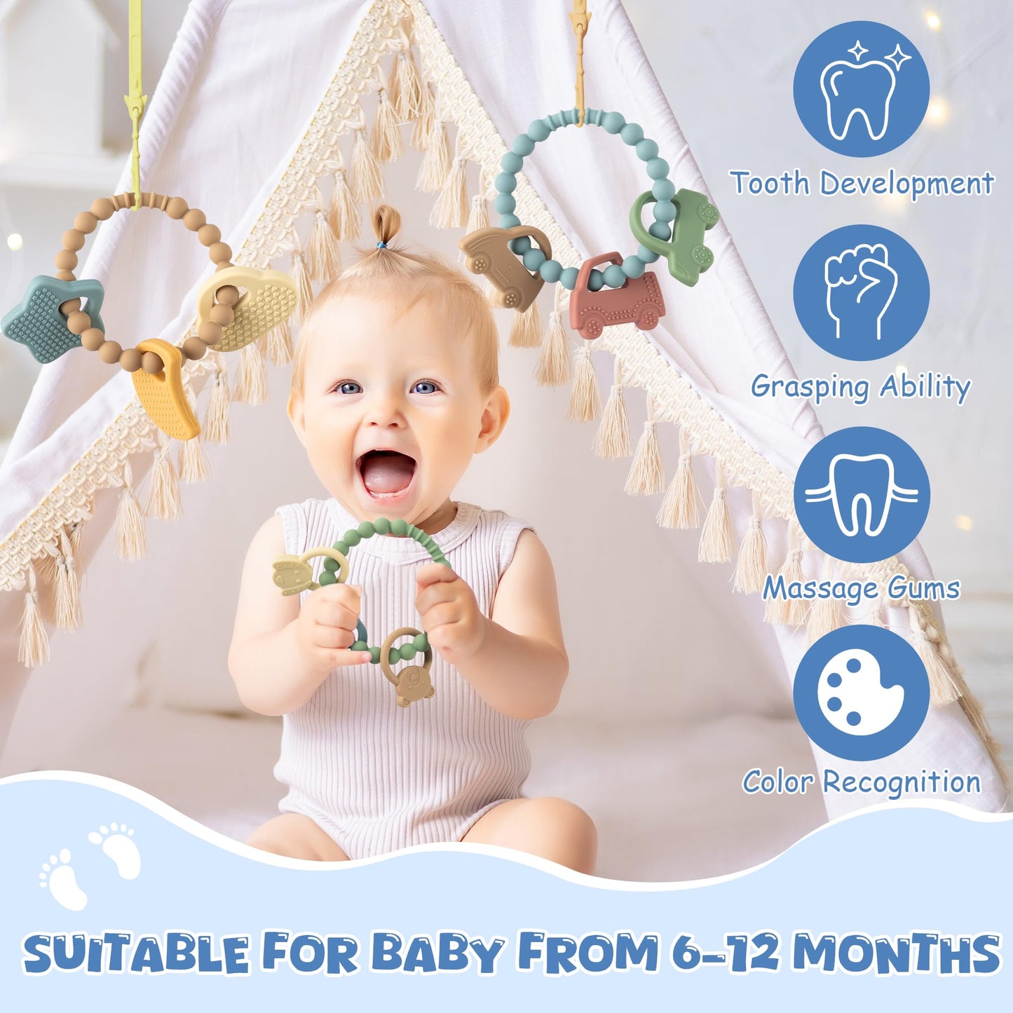 2ooya Silicone Babies Teether Toys - 3Pcs Teething Ring with Rattles, Animal Car Themed Infant Toddle Sensory Chew Toys for Newb