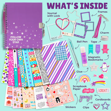 Piccassio Diy Journal Kit For Girls - Complete Scrapbooking & Journaling Craft Set, Stationery, Stickers, & Art Supplies - Creat