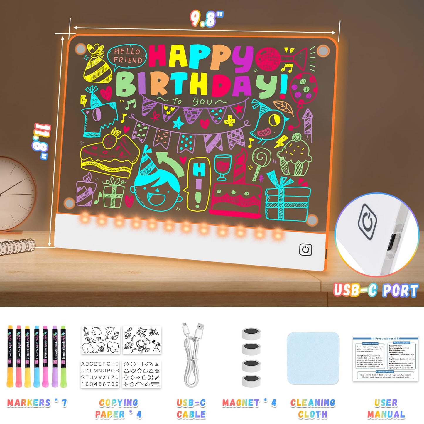 YONHAN Rechargeable LED Drawing Board - Multi-color Acrylic, 10"W x 12.6"H, Magnetic with 4 Magnets & Invisible Stand, Gift Toy for Kids/Girls