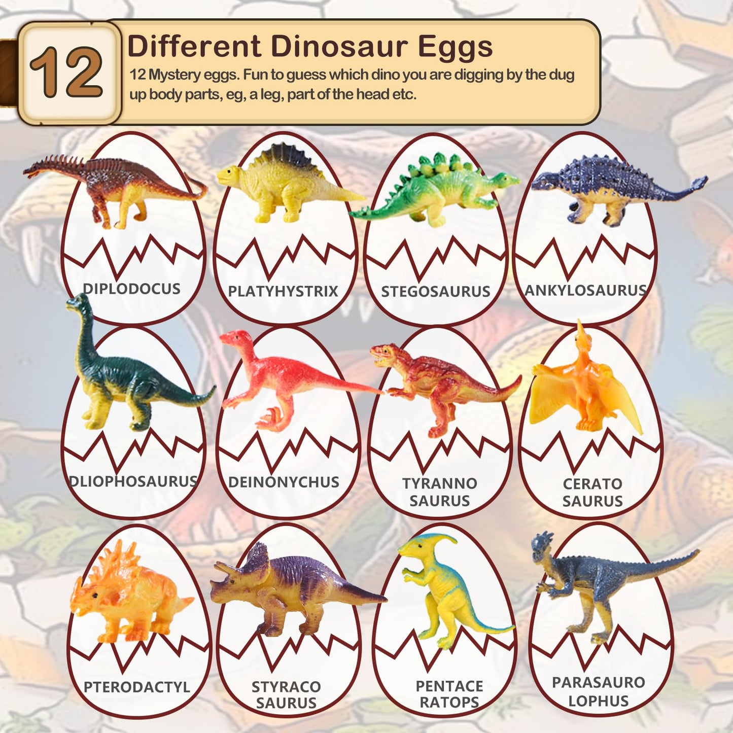 Dinosaur Eggs Dig Kit Toys - 12 Dino Fossil Eggs Excavation Kit W Play Mat For Kids Easter Party Favor Basket Stuffers Stem Toy