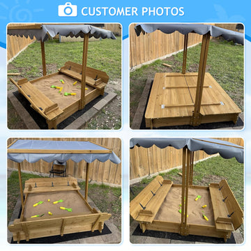 Kids Sandbox With Lid, Wooden Sand Box With Cover Outdoor, Uv-Protection & Natural Wood, Foldable Bench Seat, Adjustable Canopy,