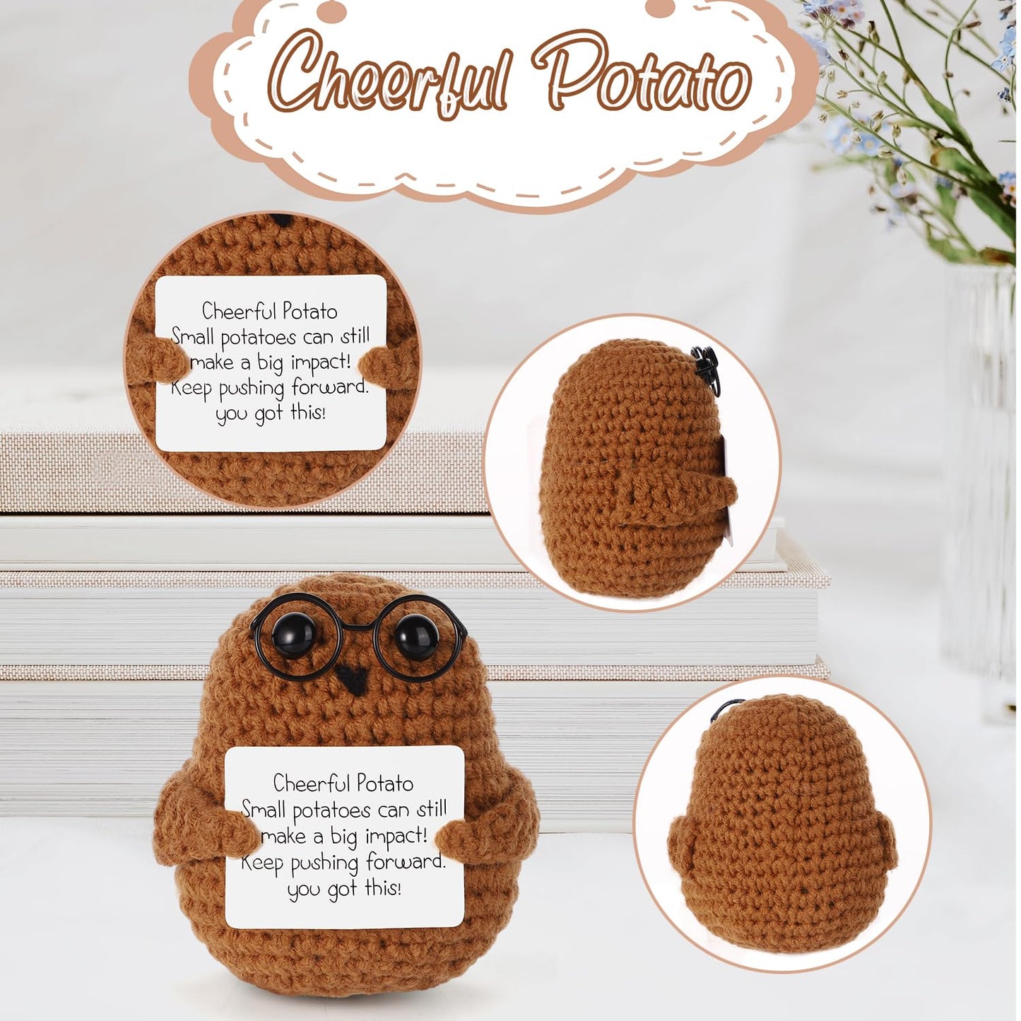 Boxob Positive Potato, 2.95 Inch Cheerful Potato Gifts With Positive Card Cute Glasses Knitted Potato Doll For New Year Gift Birthday Gifts Friends Christmas Party Decoration