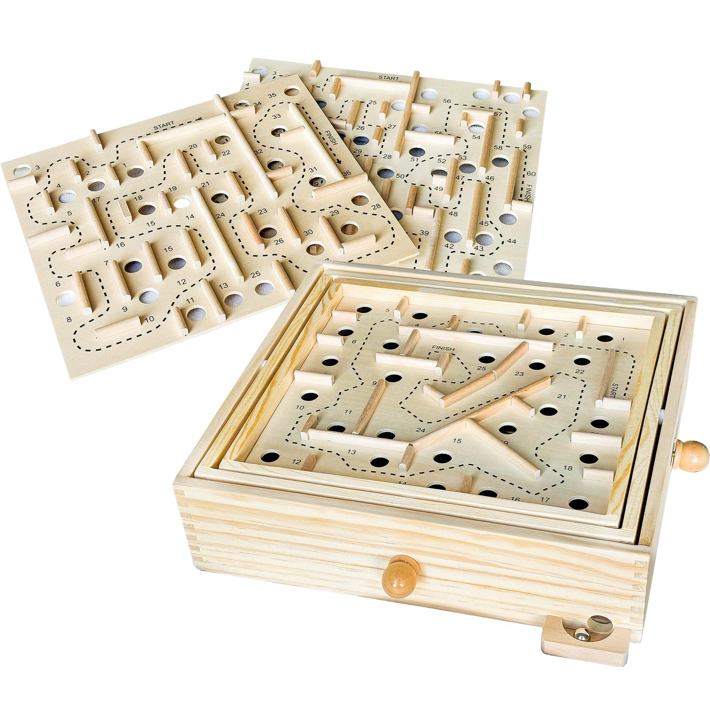 Sterling Games Wooden Labyrinth With 3 Swappable Boards – Classic Maze Game With 60, 36, And 25 Waypoints – Wooden Tilt Puzzle With Knob Control And 3 Steel Marbles For Kids Age 6+