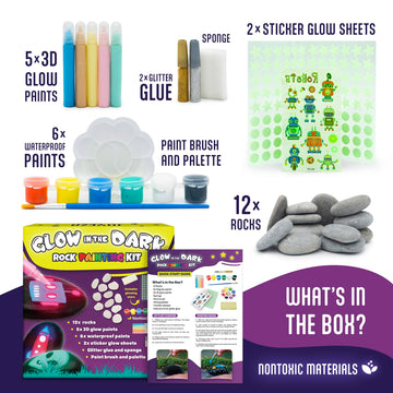 JOYEZA Rock Painting Kit Glow in The Dark, Arts and Crafts for Girls and Boys Age 6+, 12 Painting Rocks for Kids, Waterproof Pai