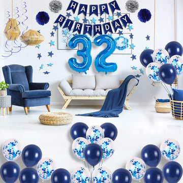 Naninuneno 32Nd Blue Birthday Party Decorations For Boy Girl Men Women, Happy 32 Birthday Balloons Supplies With Happy Birthday