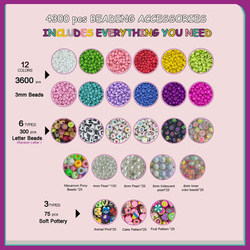 PHODDR 4300pcs Beads Bracelet Making Kit ,Beads for Jewelry Making Kit Supplies, Friendship Bracelet kit, Birthday Christmas Gif