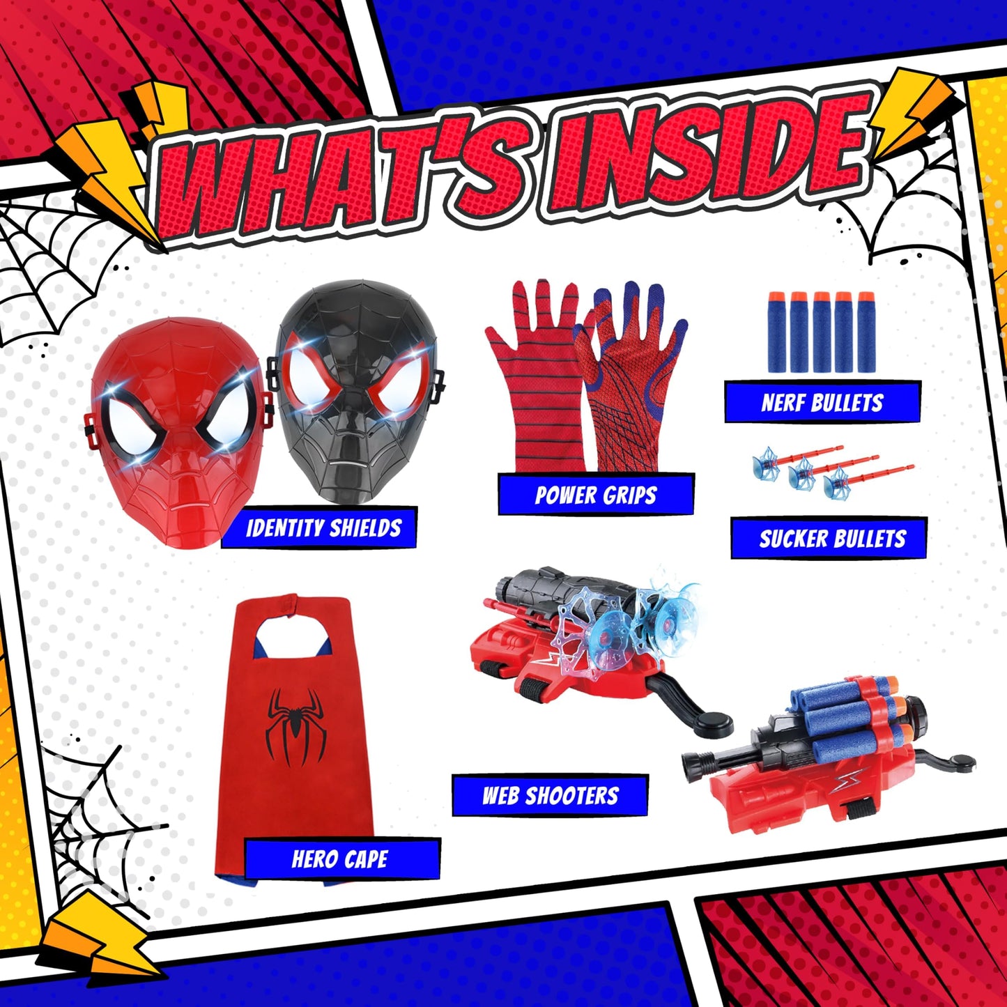 Capexia Superhero Web-Slinging Toy Set - 2 Web Shooters, 2 Masks, Gloves & Cape, Red/Blue/Black, Ages 3+, Indoor/Outdoor Role-