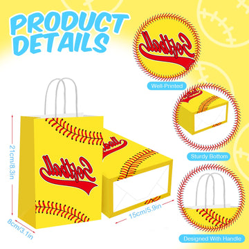 Mtlee Softball Party Favors Set Includes 12 Softball Paper Bags, 12 Silicone Bracelets, 12 Mini Foam Softball For Softball Birthday Party Supplies