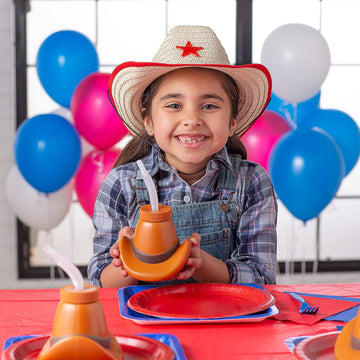 Fun Express Cowboy Hat Cups with Lids & Straws - 15 oz Western Party Cups Kids Birthdays Themed Celebrations & Cowboy Parties -