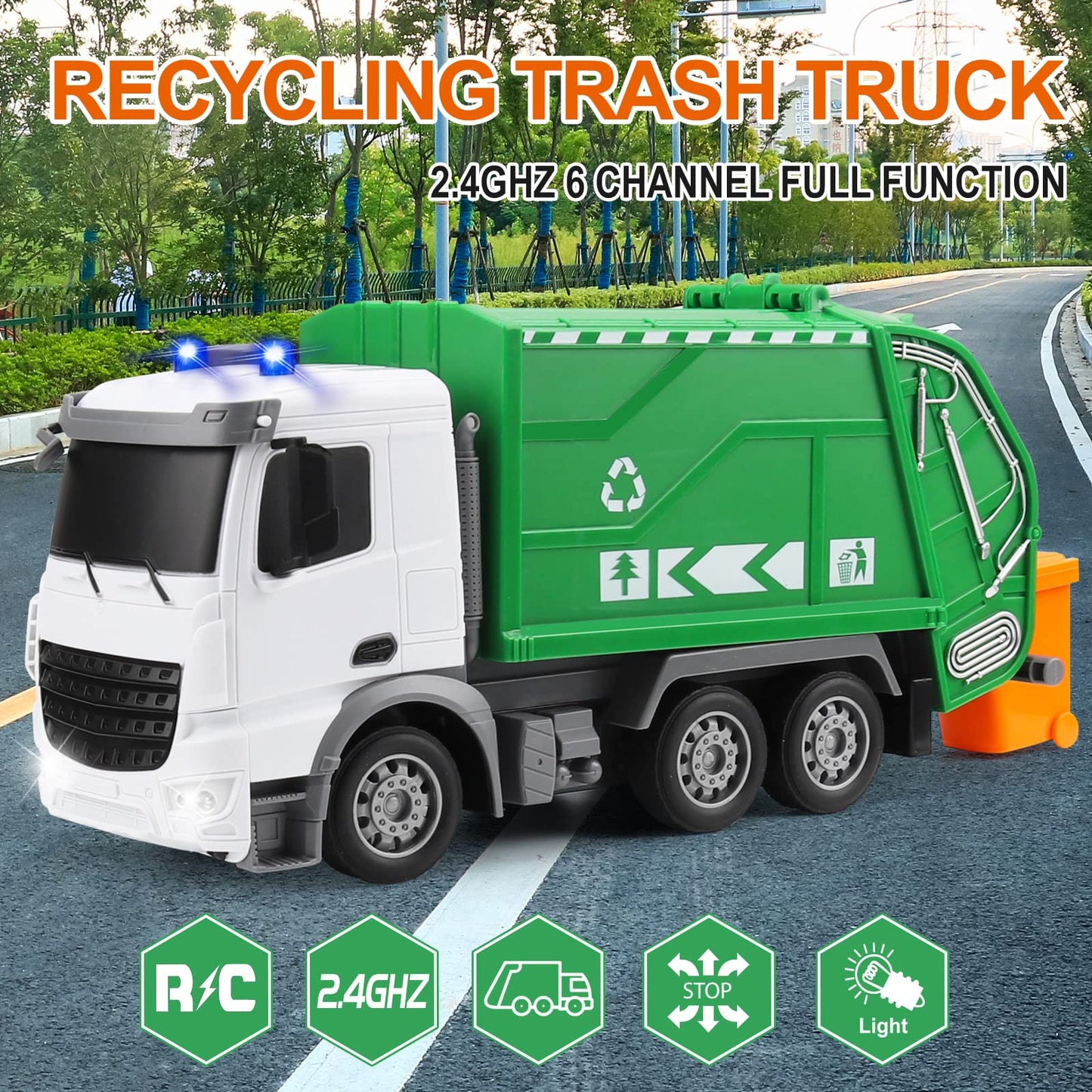 WEMOKA 2.4Ghz Remote Control Garbage Truck Toys, RC Trash Truck Toys for Boys with Trash Bin Real Lights, 1/24 Scale 6 Channel R