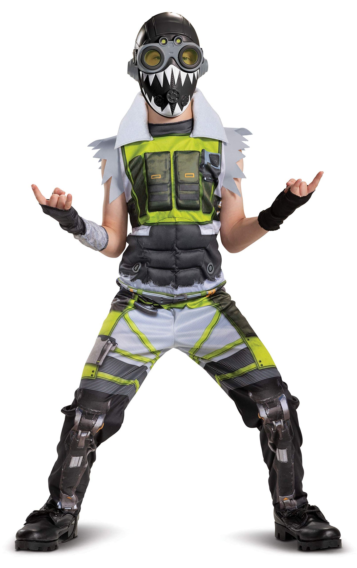 Apex Legends Octane Costume, Video Game Inspired Muscle Padded Jumpsuit And Mask, Child Size Medium (7-8),Green/Beige