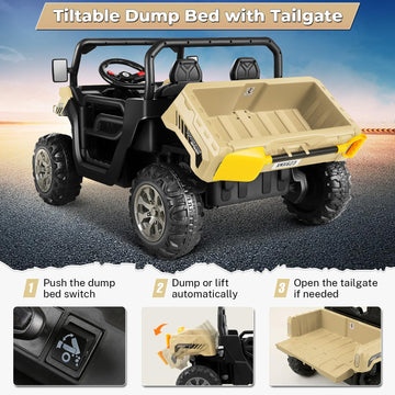 Hikole 24V Ride on Dump Truck with Electric Dump Bed, 2 Seater Kids UTV Electric Car w/2.4G Remote Control, Music, 3 Speed, LED