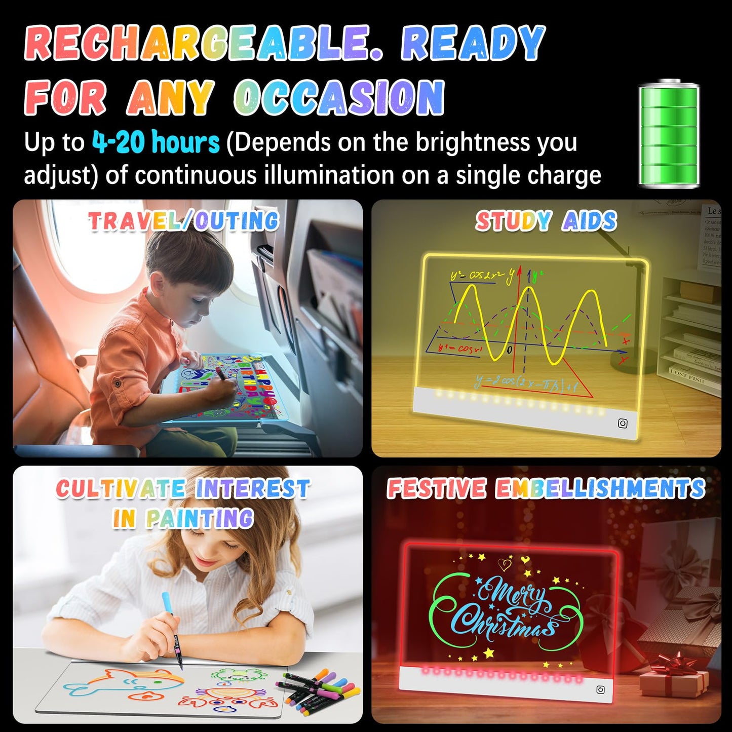 YONHAN 16" LED Drawing Board for Kids, Rechargeable Acrylic Doodle Board, Multi-color with Stand, Perfect Christmas & Birthday Gift