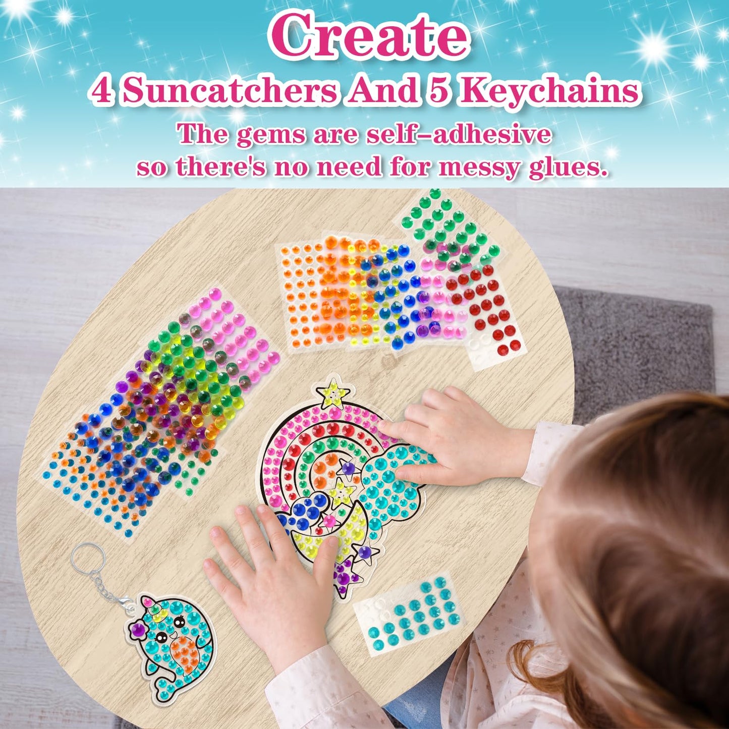 Wahfng Gem Art, Diamond Art Kids Painting Kit -Make Your Own Keychains & Suncatchers - Arts And Crafts For Girls And Boys Ages 6-12 - Best Gift Ideas For Age 4, 5, 6, 7, 8, 9, 10-12, 6-8(Magical)