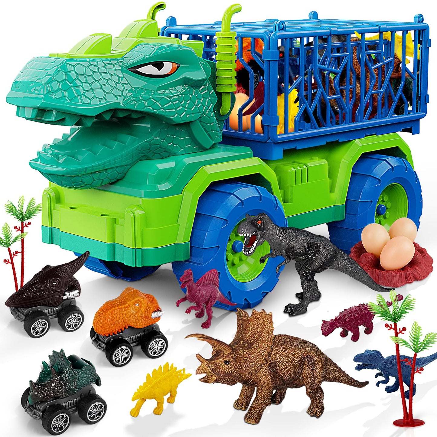 MindPal 19 in 1 Dinosaur Toys for Kids 3-5 5-7, Dinosaur Truck Set for Toddlers with 3 Pull Back Cars, 8 Dino Figures, Christmas