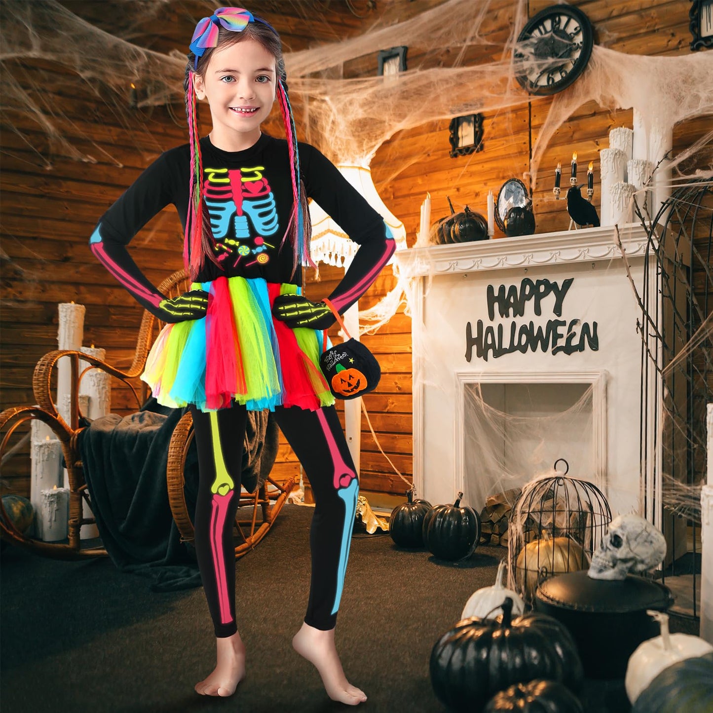 Croloose 5 Pcs Halloween Girls Skeleton Costume Glow In The Dark Tutu Skirt, Hair Extensions Headband Pumpkin Packet(8-10Y)