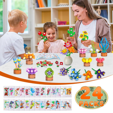 CUBIMANA 24 Pack Mini Building Blocks Set - 827PCS Succulent Flowers Toy for Kids 6+ - Classroom Prizes & Valentine's Day Gift