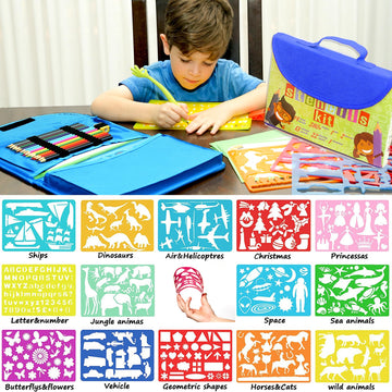 Drawing Stencils Set For Kids (55 Piece) - Arts And Crafts Set For Girls & Boys - Christmas & Birthday Gifts For Kids 4 5 6 7 8 9+ Year Old - Ideal Creativity Kit & Travel Activity With 300+ Shapes