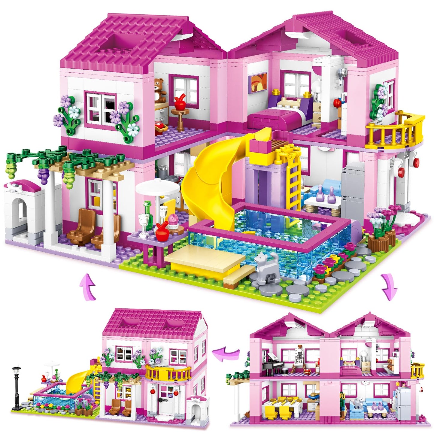 Pink Girls Summer Villa Friends Building Set Compatible With Lego Friends Construction Educational Toy For Kids Age 8-12 And Up 1018 Pcs
