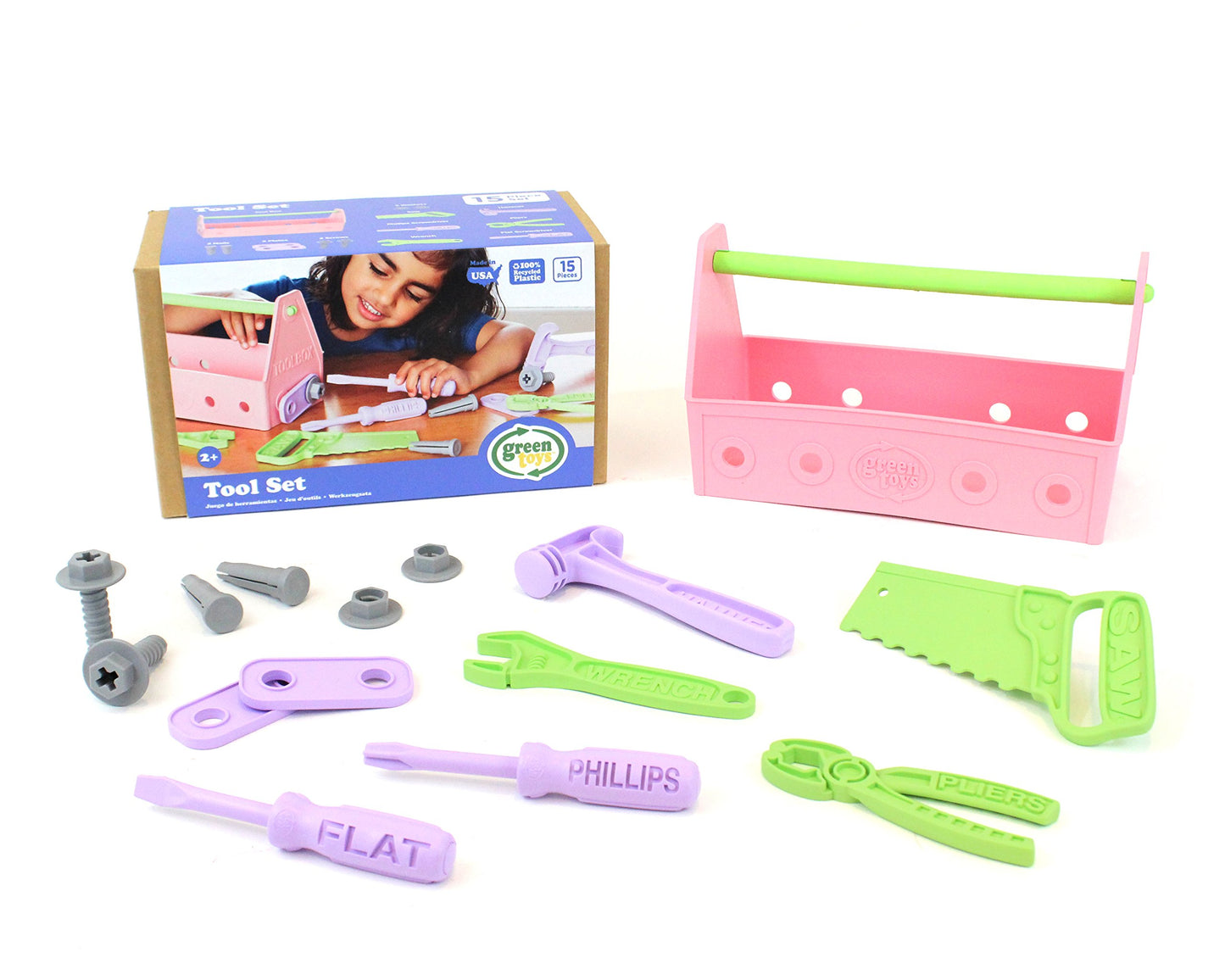 Green Toys Tool Set, Pink 4C - 15 Piece Pretend Play, Motor Skills, Language & Communication Kids Role Play Toy. No BPA, phthala