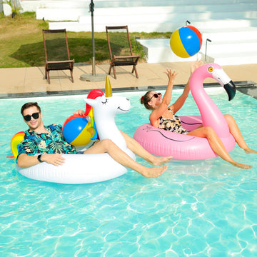FindUWill 2 Pack Pool Floats with 2Pcs Beach Balls 46'' Flamingo Pool Float 57'' Large Unicorn Pool Floaties for mature-themed Heavy Duty Inflatable Swimming Rings Pool Accessories for Pool Water Party