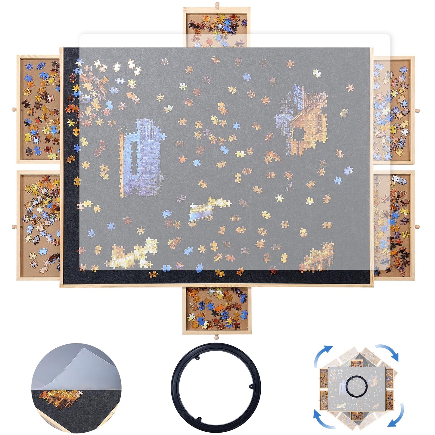 1500 Piece Puzzle Board,Wooden Jigsaw Puzzle Board With Drawers 35 X 27 Portable Puzzle Table Rotating Puzzle Table With Cov