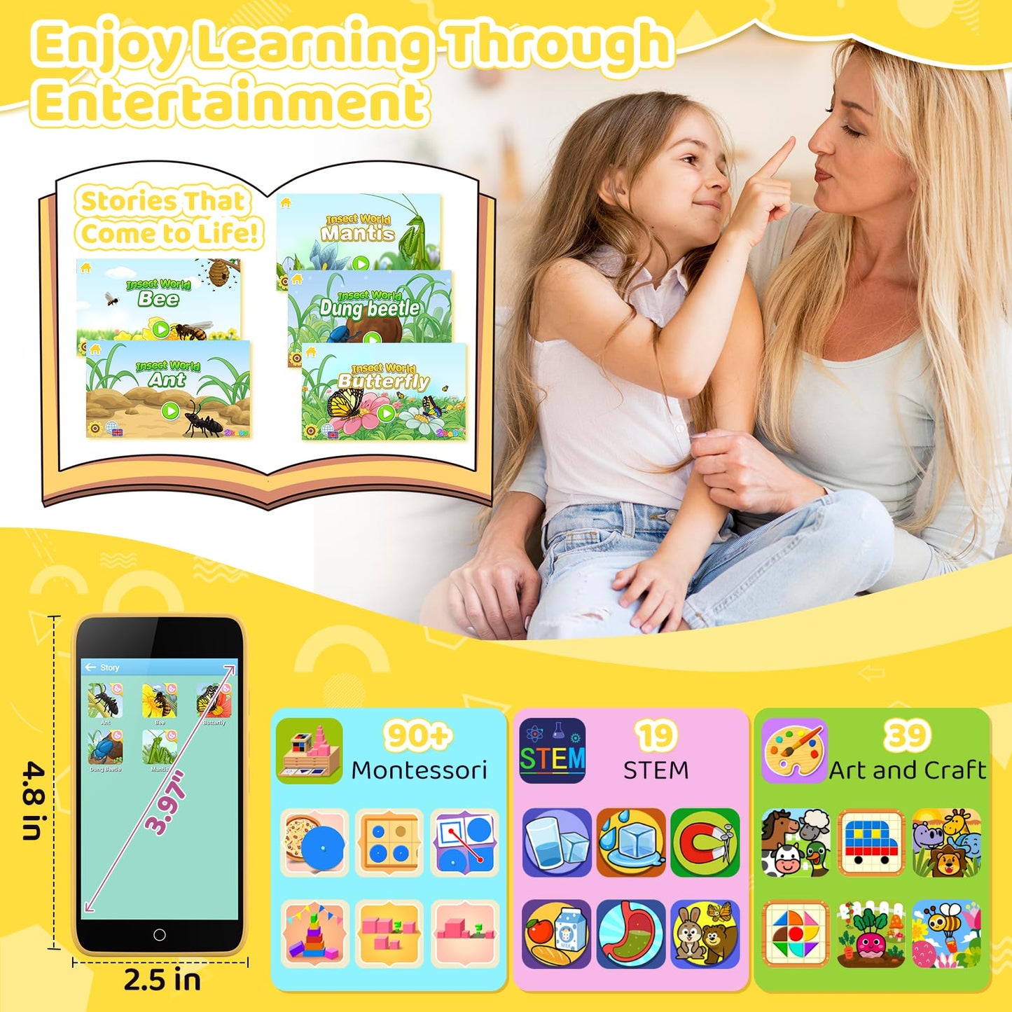 Kids Smart Phone Gifts for Boys and Girls Ages 3-12, 3.97'' Touchscreen Kids Toy Phone - Kids Cell Phone with 210+ Learning Game